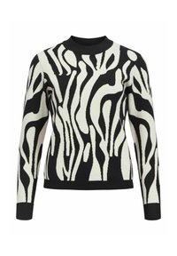 Pull en tricot avec un motif abstrait crème et noir, col rond, manches longues, et bords côtelés aux poignets et à l'ourlet.