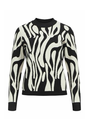 Adīts džemperis ar krēma un melnu abstraktu rakstu, apaļu kakla izgriezumu, garām piedurknēm un ribota apakšmalu un piedurknēm.