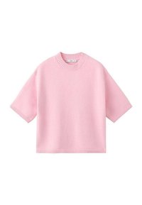 Pink short-sleeve sweater made of soft fabric, featuring a ribbed crew neckline and hem. Simple design with no additional patterns or accents.
