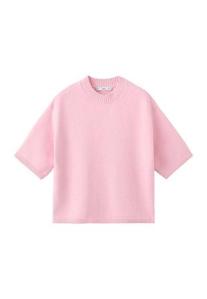 Pink short-sleeve sweater made of soft fabric, featuring a ribbed crew neckline and hem. Simple design with no additional patterns or accents.
