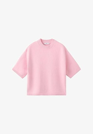 Pink short-sleeve sweater made of soft fabric, featuring a ribbed crew neckline and hem. Simple design with no additional patterns or accents.