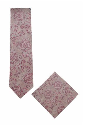 Krawatte und Einstecktuch mit rosa und beigem Blumen- und Paisley-Muster auf strukturiertem Stoffhintergrund.