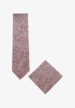 Krawatte und Einstecktuch mit rosa und beigem Blumen- und Paisley-Muster auf strukturiertem Stoffhintergrund.