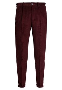 Burgundy manchesterbyxor med rak skärning, med bältesöglor och en enda knappstängning, som visar vertikal ribbad textur.