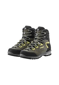 Wanderstiefel mit einem grauen und schwarzen Design, aus Wildleder und Mesh-Material, gelben Akzenten, Metallbeschlägen und einer robusten Gummisohle.