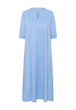 Lichtblauwe midi-jurk met driekwart elastische mouwen en een V-hals met subtiele geplooide details.