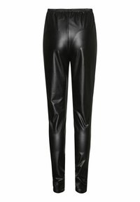 Zwarte neplederen broek met een elastische tailleband, slim fit en een gladde, glanzende textuur, zonder zakken of versieringen.