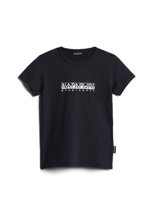 Marineblaue Baumwoll-T-Shirt mit Rundhalsausschnitt, kurzen Ärmeln und weißem "NAPAPIJRI geographic"-Schriftzug auf der Brust.