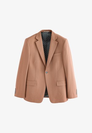 Blazer marron clair en tissu à texture lisse, doté de deux poches avant, de revers crantés et d'une doublure à motif pois.