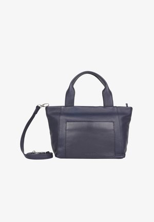 Marineblå læder tote taske med to korte håndtag, en aftagelig skulderrem og en tekstureret frontlomme. Har minimale hardwaredetaljer.