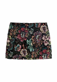 Blommig minikjol med en mörk bakgrund och livfulla röda, rosa och gröna blommor i ett dekorativt mönster.