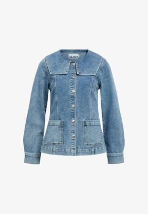 Svetlo modra denim jakna z velikim kvadratnim ovratnikom, srebrnimi gumbi spredaj, dolgimi rokavi in s dvema sprednjima žepoma.