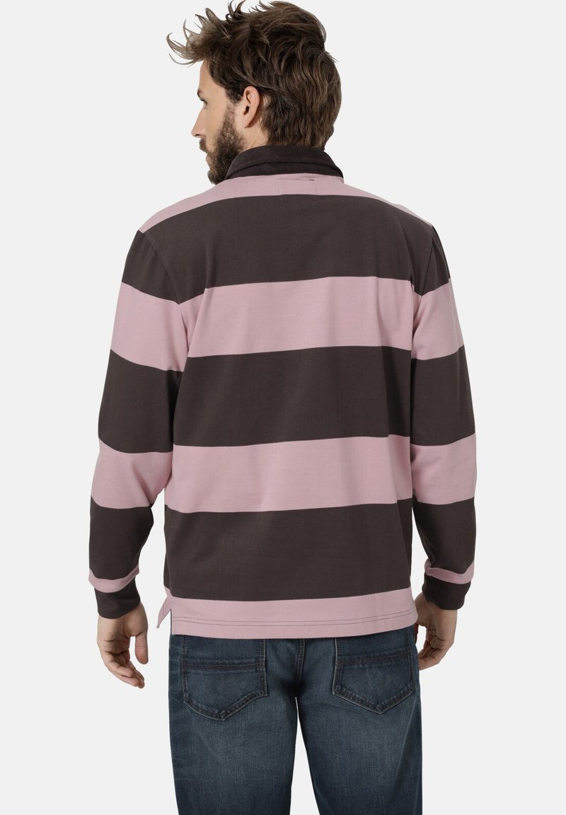 Langärmliges Polohemd mit horizontalen rosa und dunkelbraunen Streifen, mit Kragen, Rückenbelüftung und lockerer Passform. Aus Baumwolle.