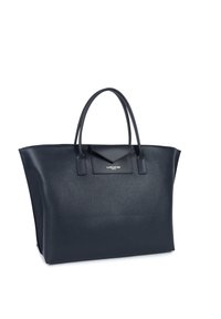 Sac fourre-tout en cuir marine avec deux poignées, forme rectangulaire, surface texturée et une petite poche à rabat avec un détail de logo.