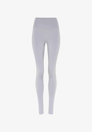 Gaiši pelēkas augsta vidukļa bezšuvju legingi ar pieguļošām kāju daļām un plakanu šuvi, paredzēti sportiskai vai ikdienas lietošanai.