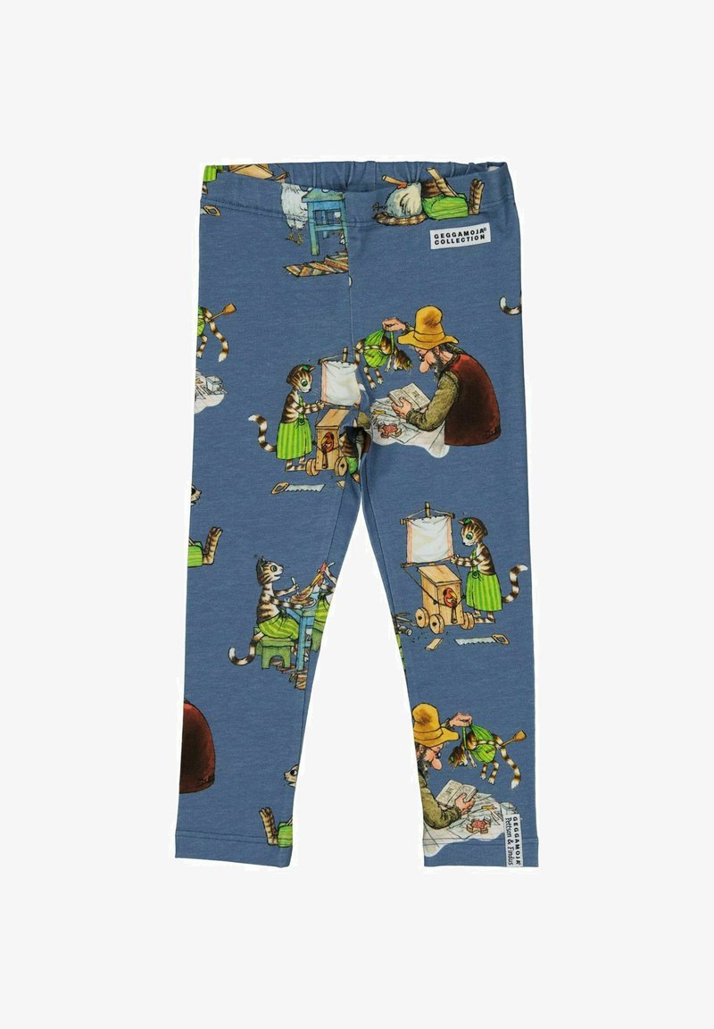 Siniset lasten legginsit, joissa on leikkisiä painokuvia antropomorfisista kissoista ja miehestä, joka tekee malleja. Hänellä on keltainen hattu ja vihreät vaatteet.