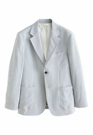 Light gray and white striped single-button blazer with notch lapels and three front patch pockets, shown on a white background.