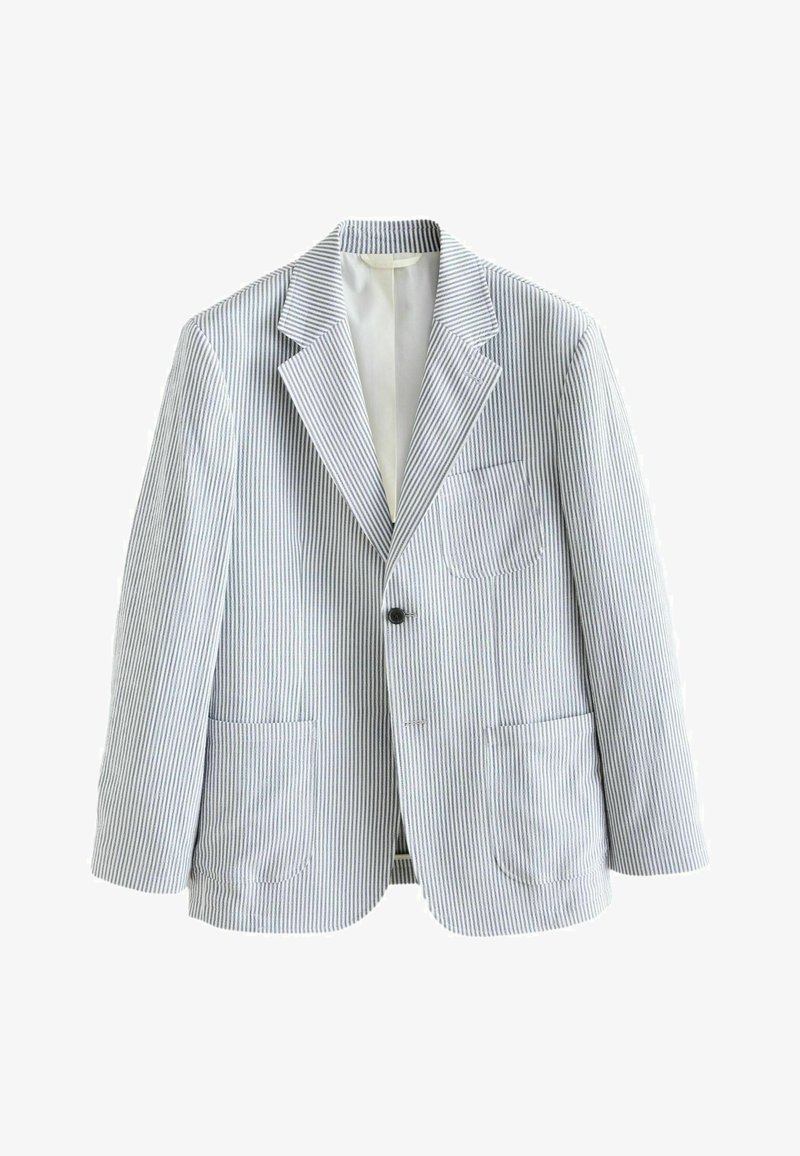 Light gray and white striped single-button blazer with notch lapels and three front patch pockets, shown on a white background.