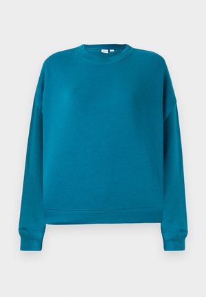 Teal sweatshirt laget av myk bomullsblanding, med rund hals, lange ermer og ribbestrikkede mansjetter og nederkant. Minimalistisk design uten mønstre.