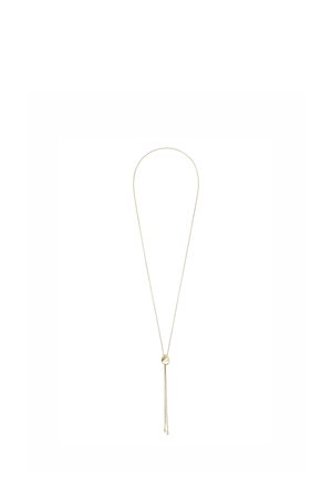 Dunne gouden ketting met een klein rond hangertje en twee delicate kettingen die aan het hangertje hangen.