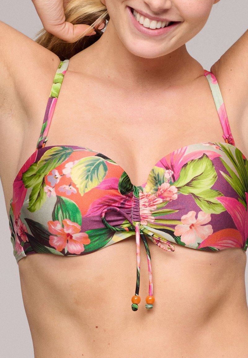 Kwiatowy biustonosz bikini w żywych kolorach różowym, purpurowym i zielonym. Projekt ma zgromadzony środek z regulowanymi wiązaniami i koralikowymi zdobieniami.