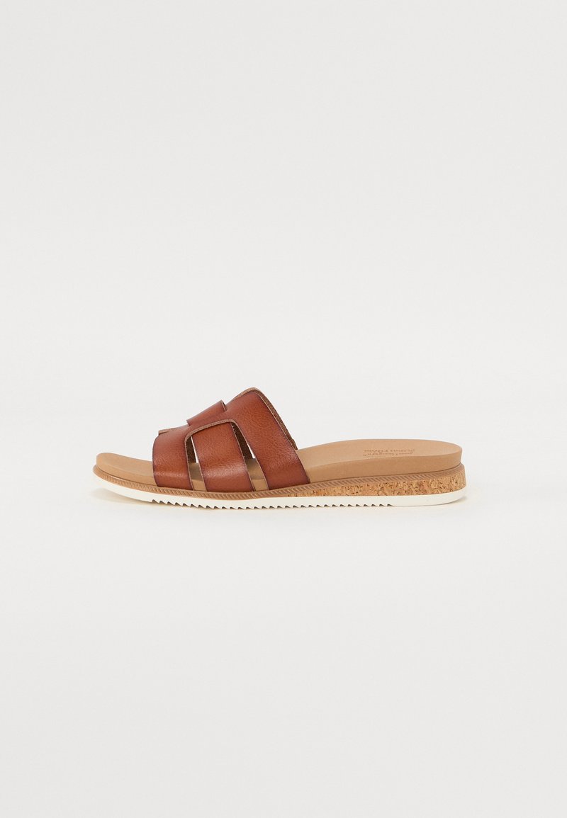 Brown leather slide-on sandal with three woven straps, cushioned insole, cork midsole, and textured rubber outsole.