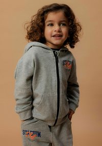 Giacca a zip grigia con cappuccio e tasche frontali, abbinata a pantaloni tuta coordinati. La giacca presenta la scritta "STADIUM Play" in blu e arancione.