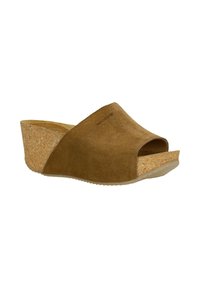 Bruine suède wedge sandalen met een open teen, kurken tussenzool en een gestructureerde rubberen buitenzool; slank ontwerp met minimale accenten.