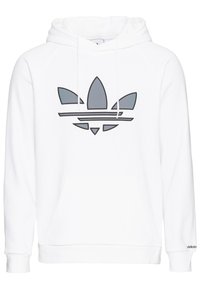 Vit hoodie med en stor grå Adidas trefoil-logotyp och randiga detaljer. Tillverkad av mjukt tyg, har den en framficka och snörad huva.