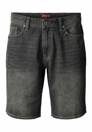 Schwarze Jeans-Shorts mit Five-Pocket-Design, Gürtelschlaufen und Knopfverschluss in der Taille.