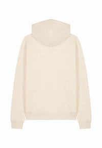 Felpa con cappuccio di colore crema a maniche lunghe, con polsini e orlo a costine, vista da dietro su uno sfondo bianco.