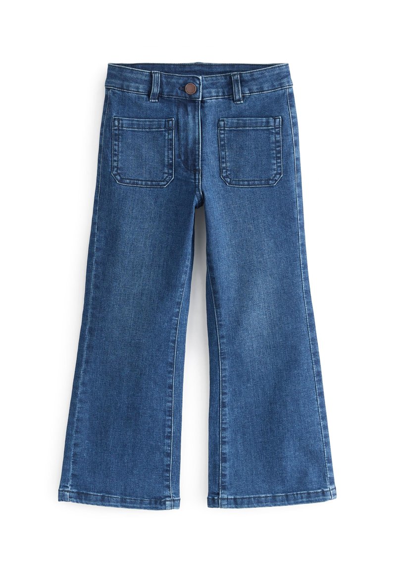 Jeans de campana de mezclilla con un color azul clásico, diseño de cinco bolsillos y cierre de botón en la cintura. Textura suave con costuras visibles.