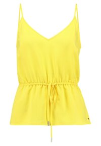 Top sin mangas amarillo con escote en V, cintura fruncida, cordón ajustable y tejido texturizado. Presenta acentos de hardware en tono plateado.