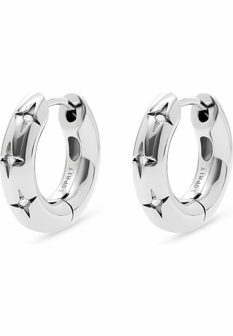 Silver hoop earrings with a polished finish, featuring four star-shaped accents with small clear stones. Smooth, rounded design.