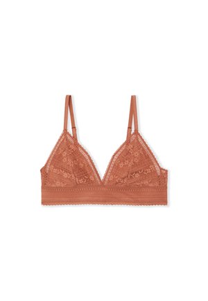 Lace bralette in dusty rose with floral patterns, adjustable thin straps, and scalloped edges on a white background.