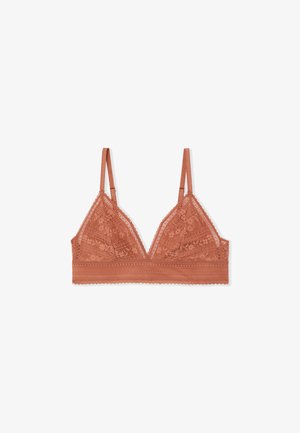 Lace bralette in dusty rose with floral patterns, adjustable thin straps, and scalloped edges on a white background.