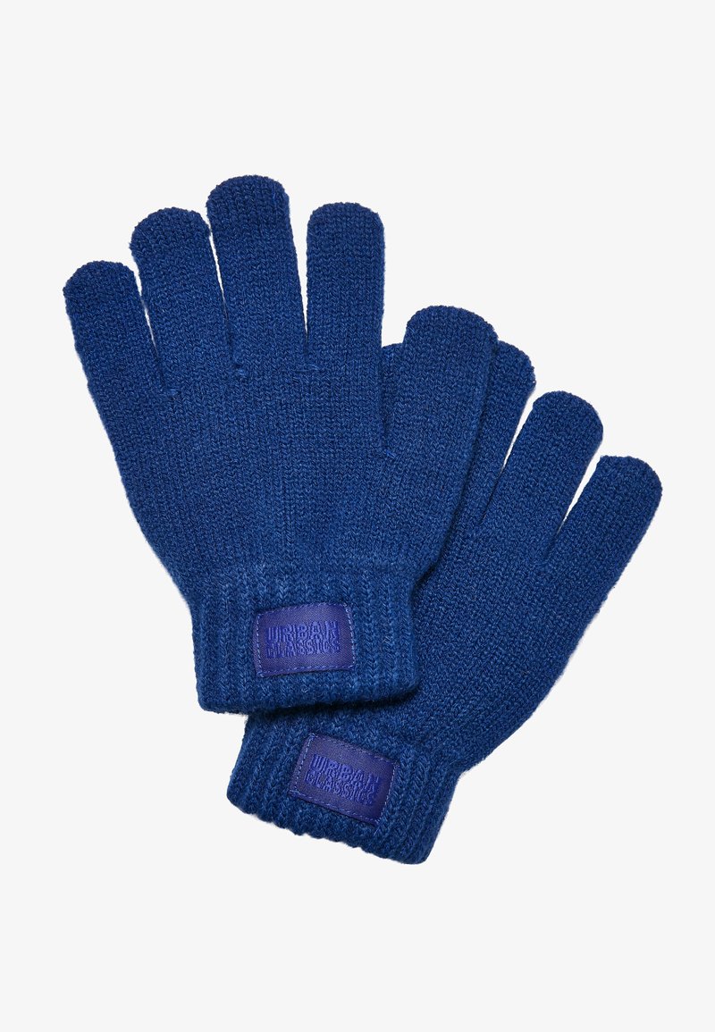 Gants tricotés en bleu foncé. Poignets côtelés, design à cinq doigts, avec une finition texturée. Présente une étiquette de logo violette au niveau du poignet.