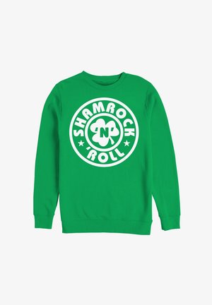Sweat-shirt vert avec un graphique blanc circulaire portant le texte "SHAMROCK 'N' ROLL" et un design de trèfle au centre.