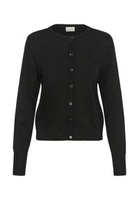 Cardigan negro hecho de un tejido suave y texturizado, con un escote redondo, mangas largas y cierres de botones metálicos en la parte delantera.
