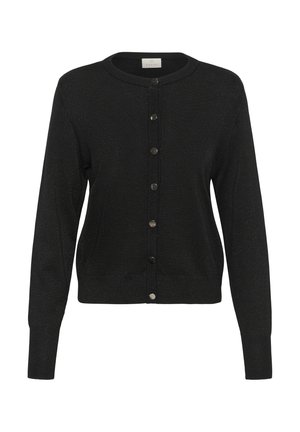 Schwarze Strickjacke aus weichem, strukturiertem Stoff, mit rundem Ausschnitt, langen Ärmeln und metallischen Knopfverschlüssen an der Vorderseite.
