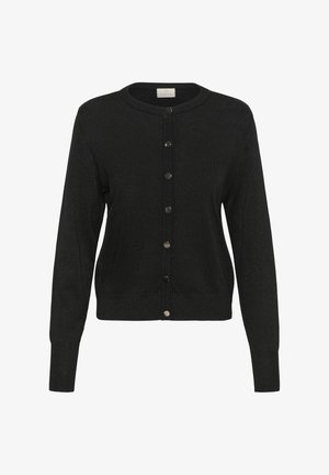 Zwarte cardigan van zacht, gestructureerd weefsel, met een ronde halslijn, lange mouwen en metalen knoopsluitingen aan de voorkant.