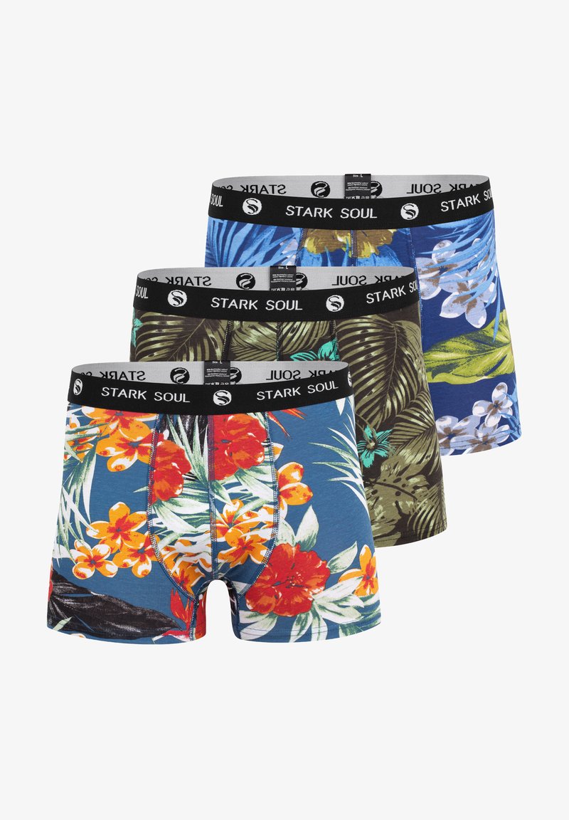 Tre paia di boxer con motivi floreali tropicali in blu, verde e nero con cinturini elasticizzati neri a contrasto etichettati "STARK SOUL."