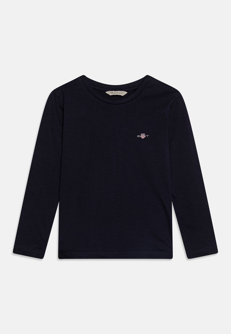 Langärmliges, marineblaues T-Shirt aus weichem Stoff, mit rundem Halsausschnitt und kleinem gesticktem Logo auf der Brust.