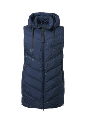 Gilet trapuntato senza maniche di colore blu navy con colletto alto, zip frontale, cordini neri e motivi astratti a linee nere.