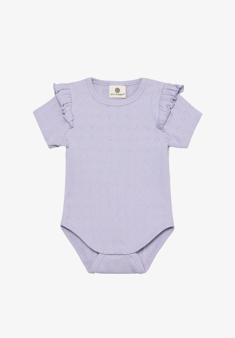 Fioletowy body z krótkim rękawem, falbankami na ramionach, teksturowaną tkaniną z wzorem serc oraz zatrzaskami na dole.