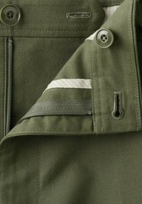 Nahaufnahme von olivgrünem Stoff mit Details zu Knopf, Knopfloch, Reißverschluss und Klettverschluss am Kleidungsstück.