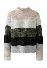 Strickpullover mit gerippter Textur, der horizontale Streifen in Rosa, Weiß, Olivgrün, Schwarz und Grau aufweist, mit dezenten Paillettenakzenten.
