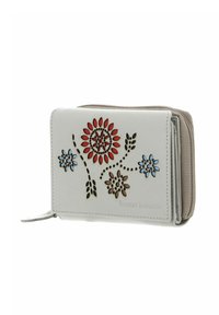White leather wallet with embossed floral design in red, blue, and brown. Features a zipper closure and a compact, rectangular shape.