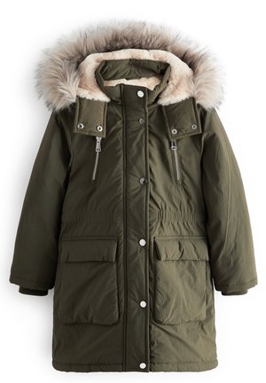 Parka longue vert olive avec taille élastique et capuche bordée d'une épaisse fausse fourrure gris clair, vue de dos.