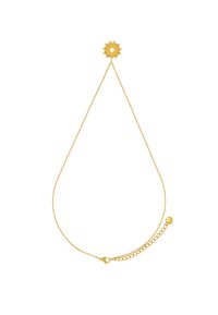 Collier en chaîne dorée avec un pendentif en forme de soleil aux rayons, doté d'une longueur réglable et d'accents en perles rondes.
